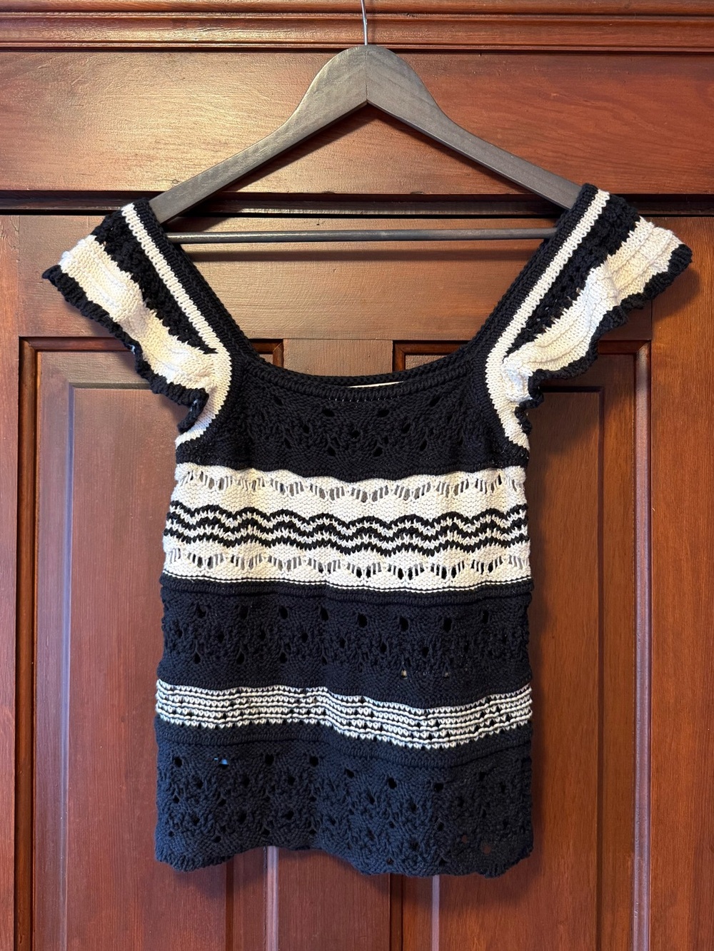 LOFT Black and White Crochet Square Neck Top